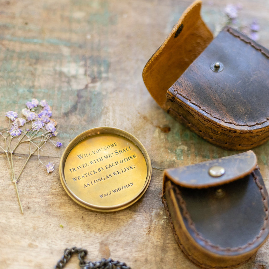 Will You Come Travel With Me Compass with Leather Pouch