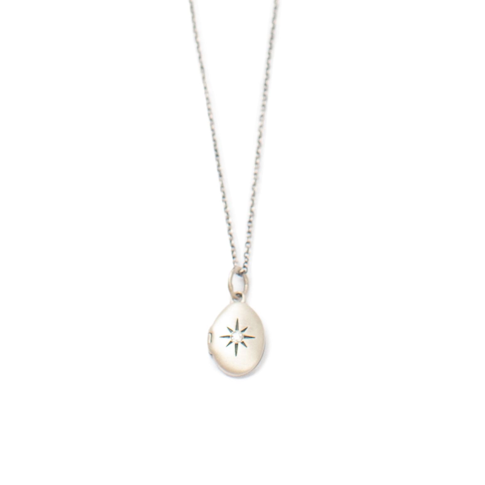 ***Small Oval Locket Silver Necklace with Stone 16" + 2" extender