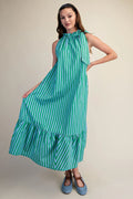 Stripe Dress with Sleeveless Ruffle Neck Tie Midi
