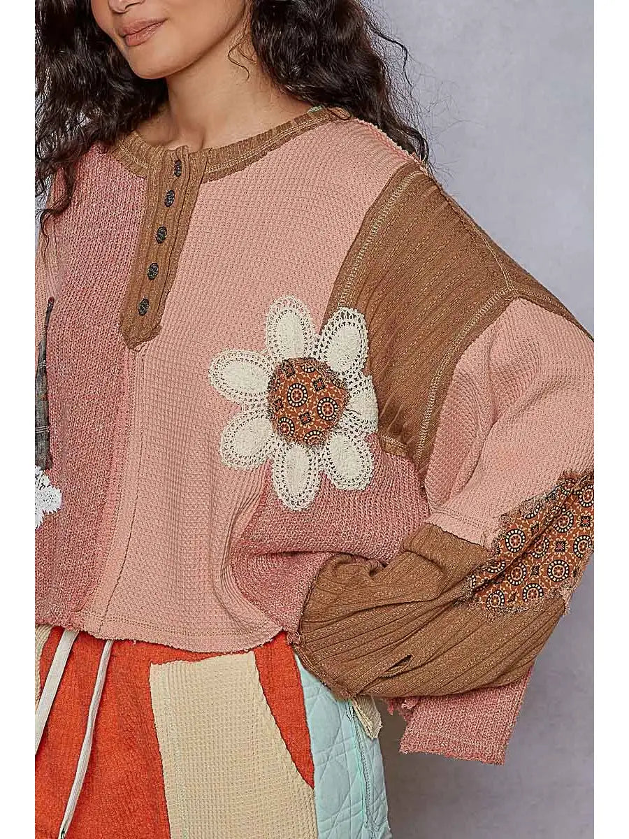 Round Neck Cut and Sew Patch Oversized Knit Top