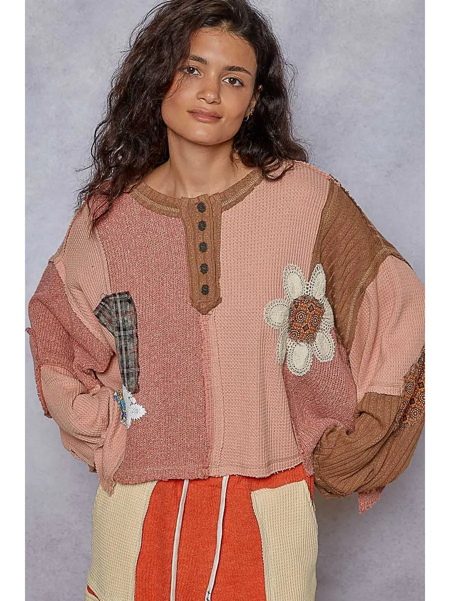 Round Neck Cut and Sew Patch Oversized Knit Top