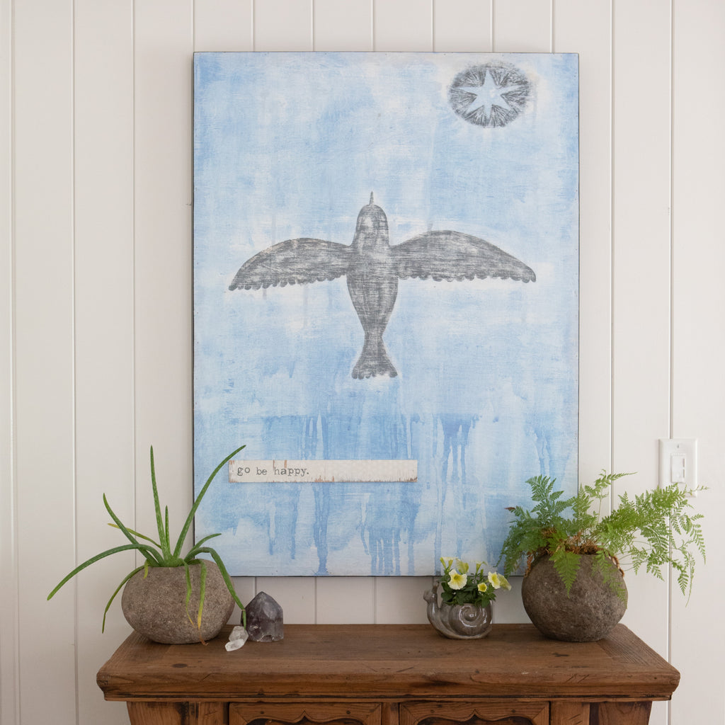 Go Be Happy Art Print - Grey Wood