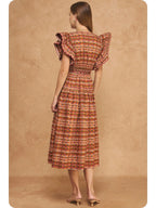 Flutter Sleeve Peplum Printed Midi Dress