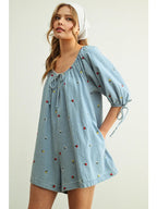 Embroidered Denim Romper with 3/4 Sleeve