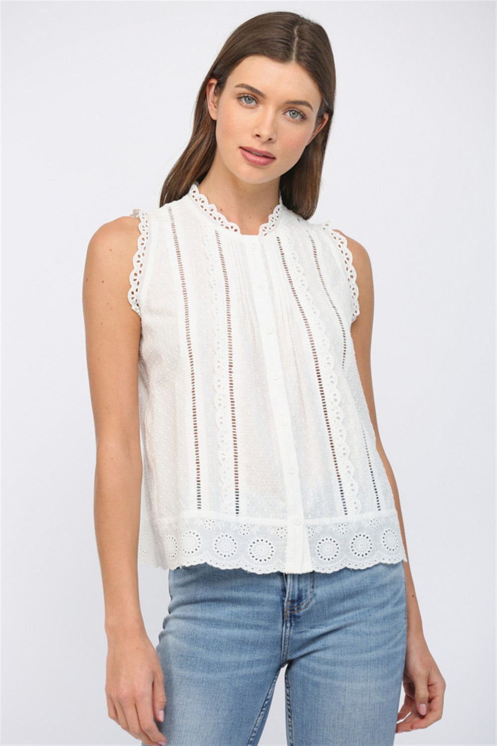 Lace Trimmed Dobby-Dot Fabric Blouse, Sleeveless