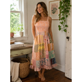 Smocked Bodice Kantha Dress, Peach
