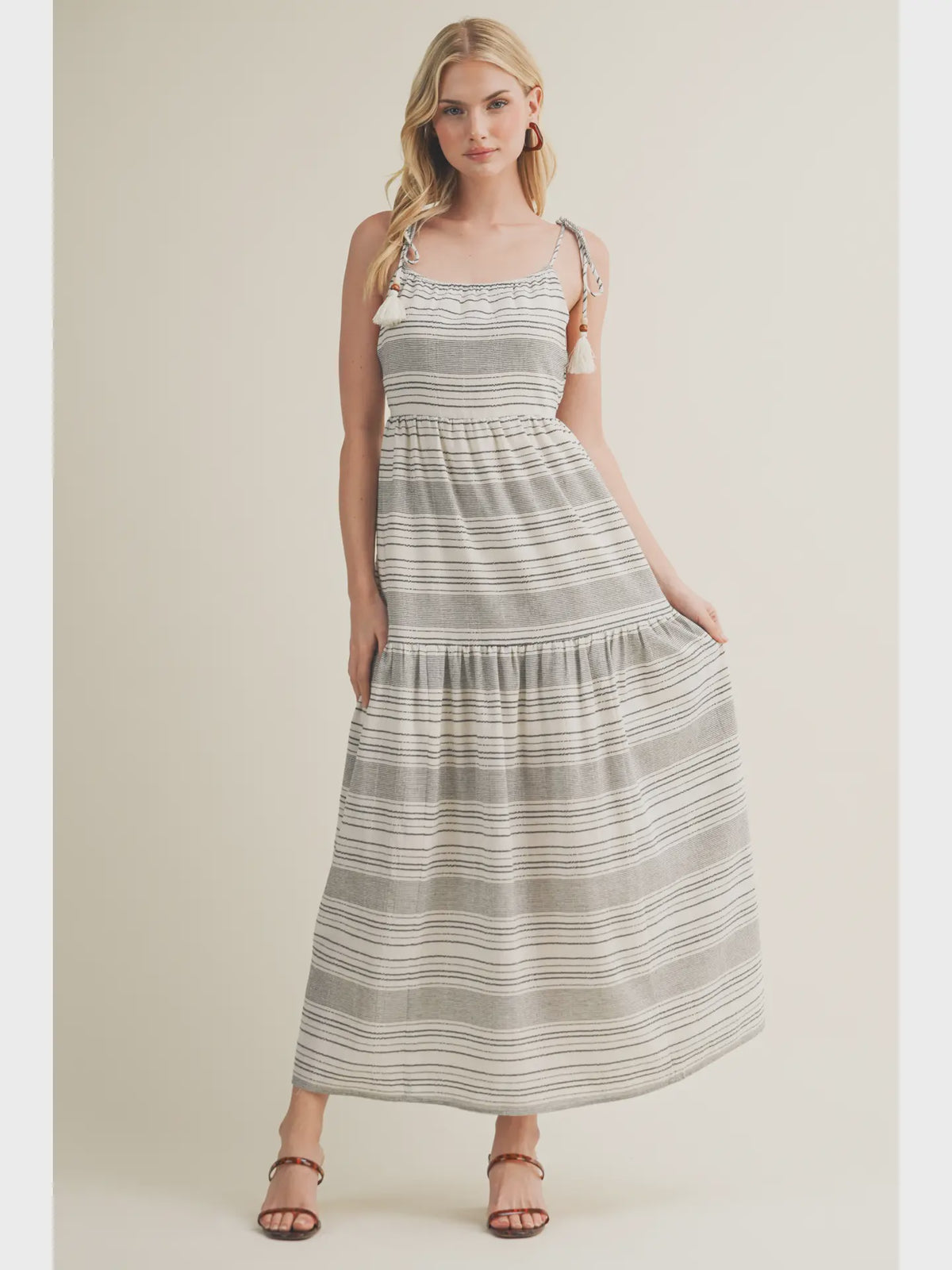 Striped Dress w Tassel and Bead Detail, Black