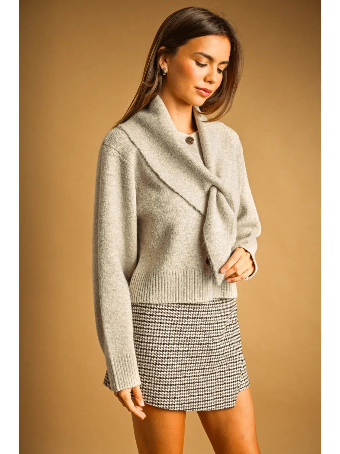 Button Front Sweater Jacket with Tied Collar in Oatmeal