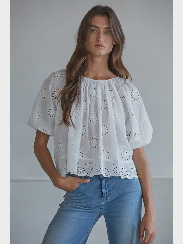Woven Cotton Eyelet Round Neck Short Sleeve Top