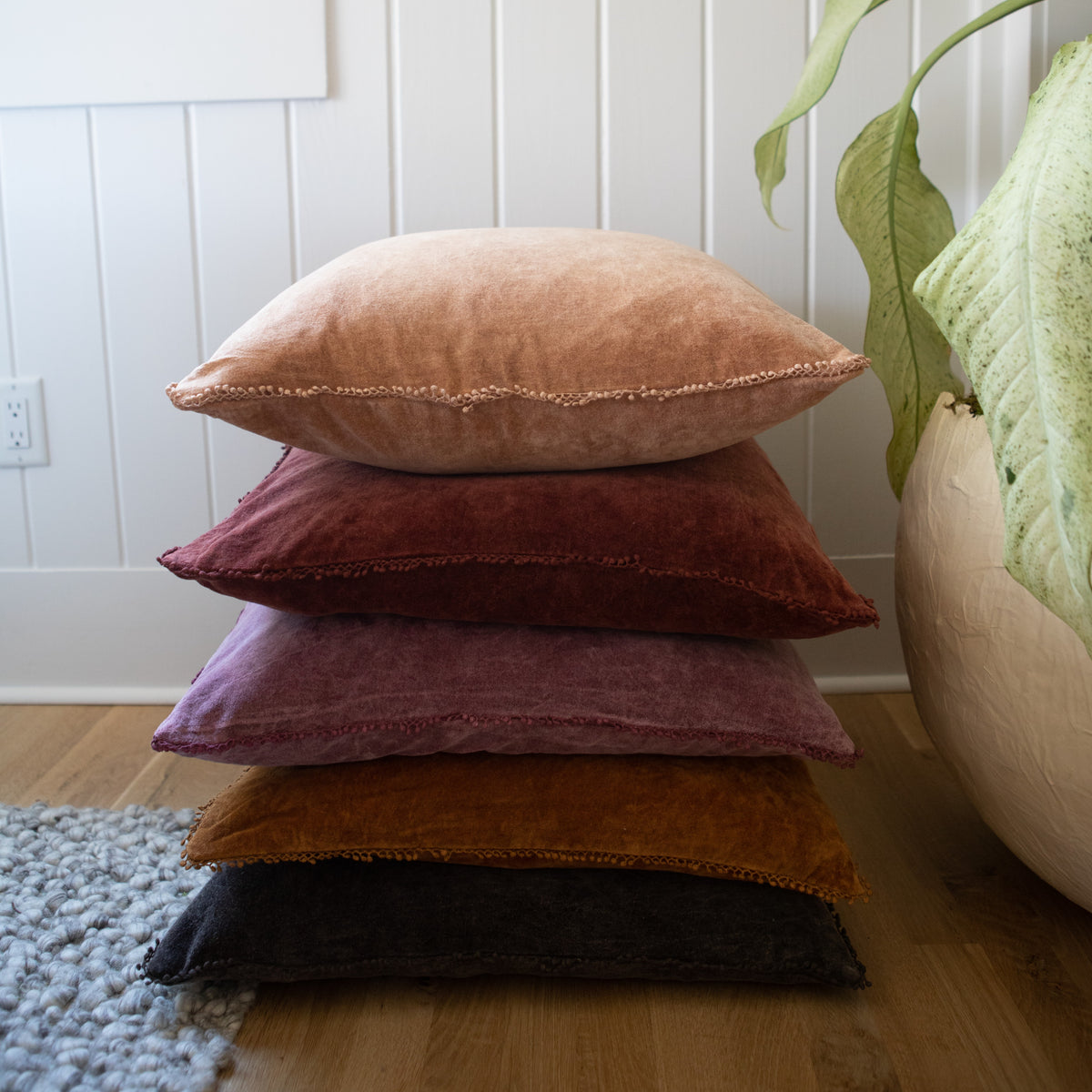 Fawn Velvet Pillow with Poms 22x22