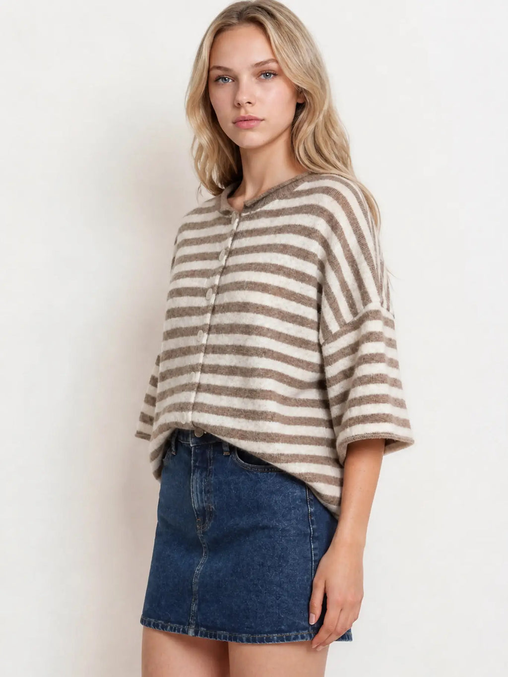 Striped Button Down Cardigan with Raw Edge