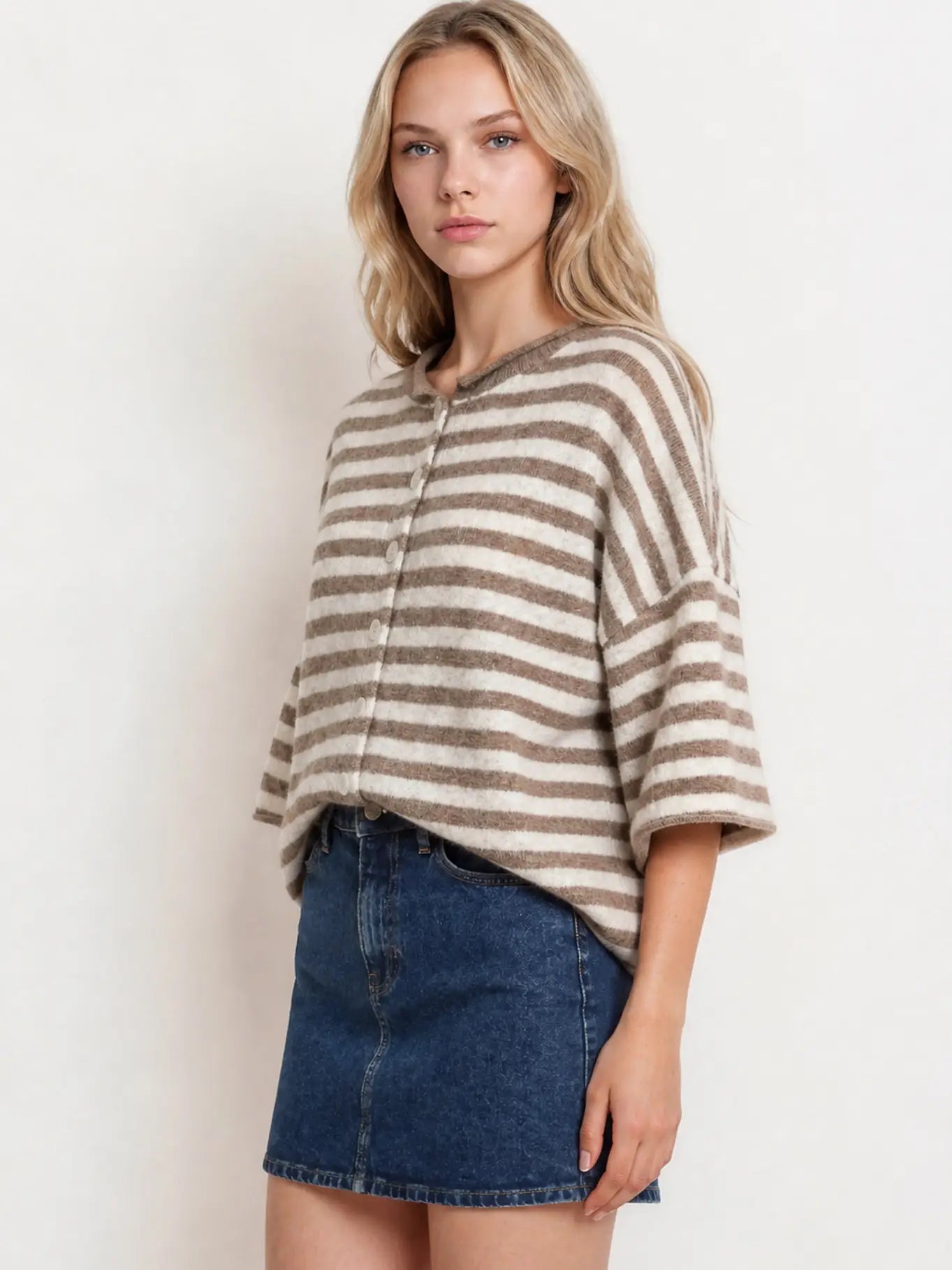 Striped Button Down Cardigan with Raw Edge