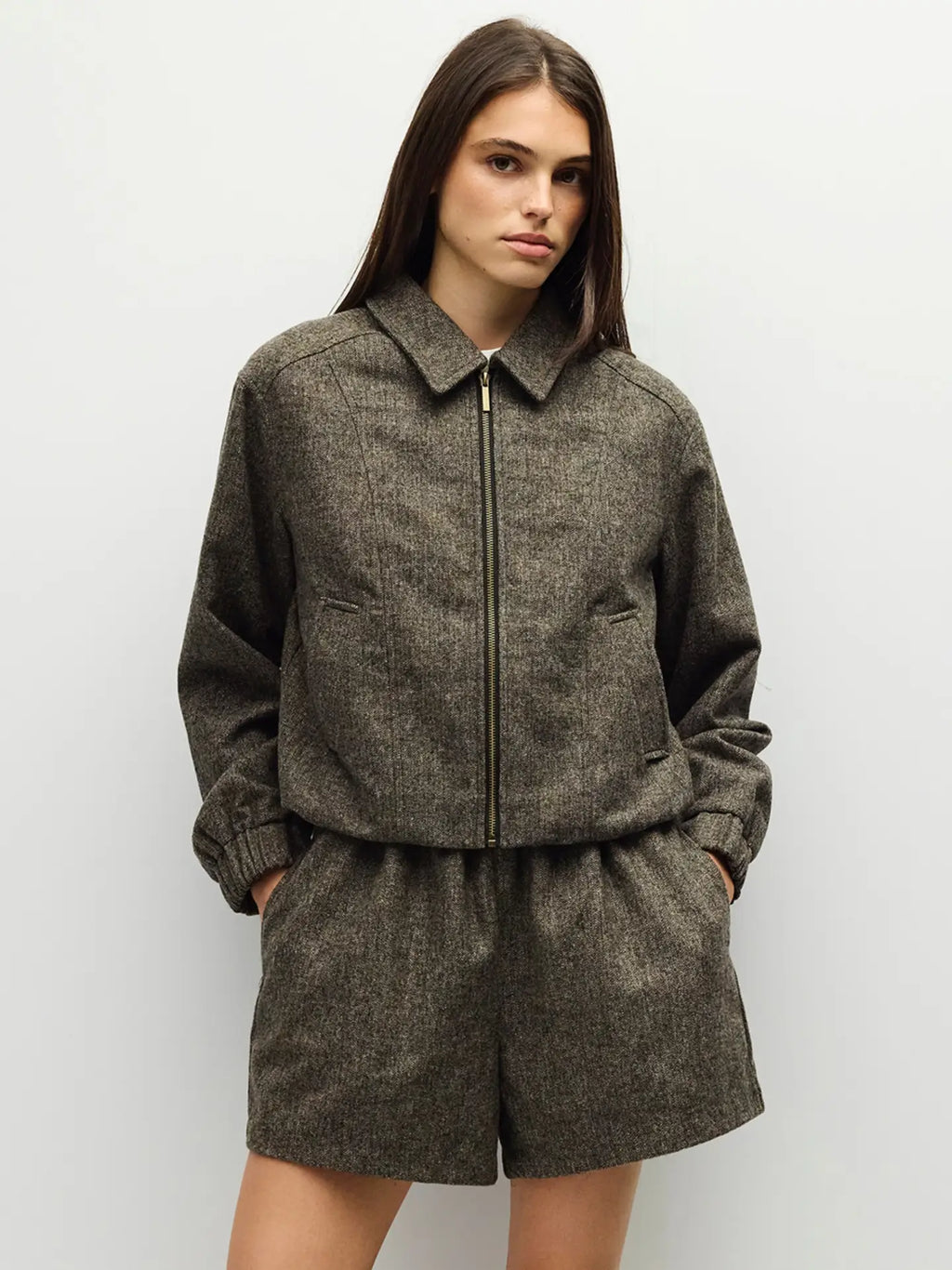 Brown Plaid Zip Up Jacket