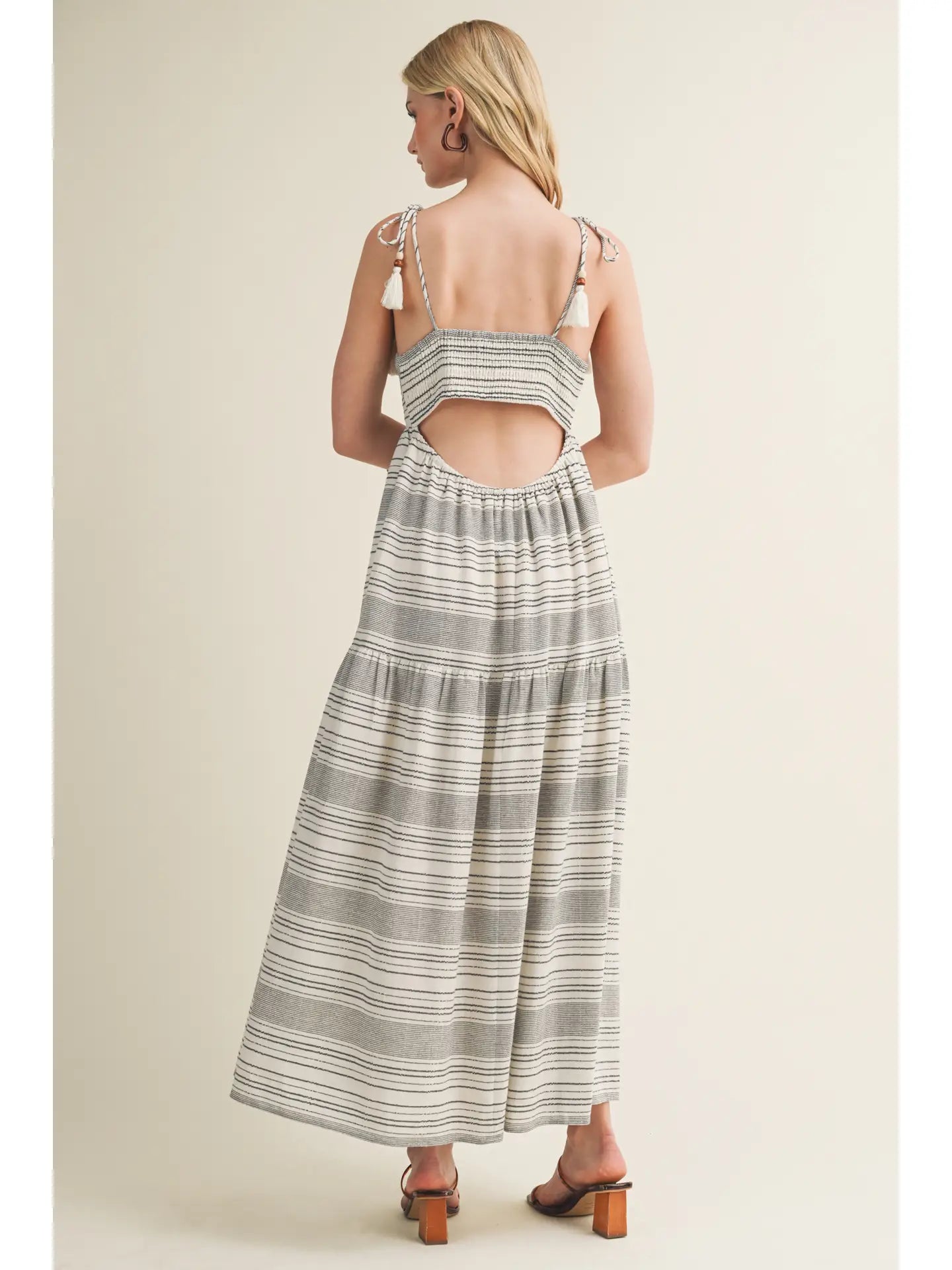 Striped Dress w Tassel and Bead Detail, Black