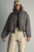 Plaid High-Neck Cropped Puffer Jacket
