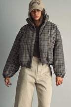 Plaid High-Neck Cropped Puffer Jacket