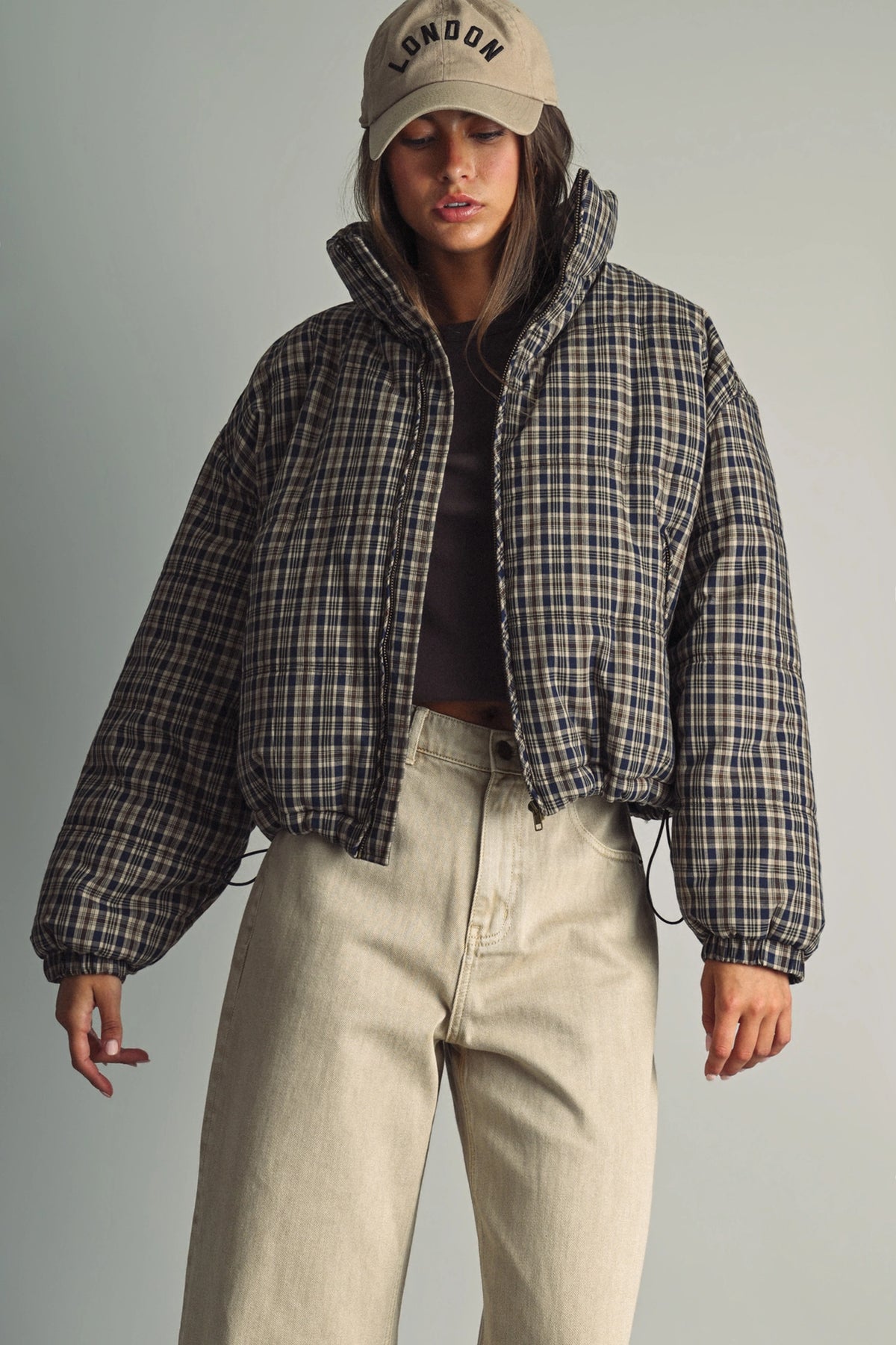 Plaid High-Neck Cropped Puffer Jacket