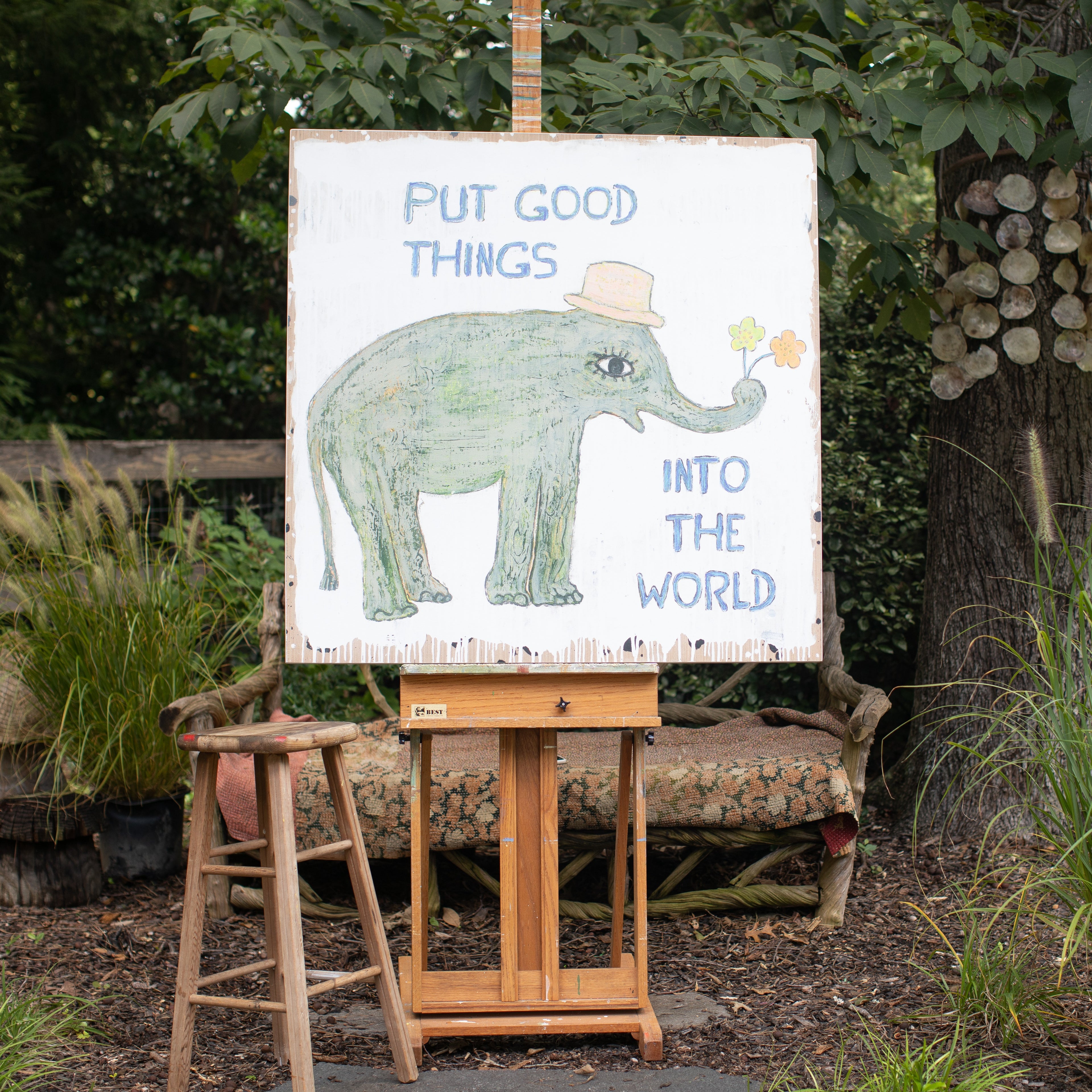 Good Things Elephant  Art Print - Grey Wood