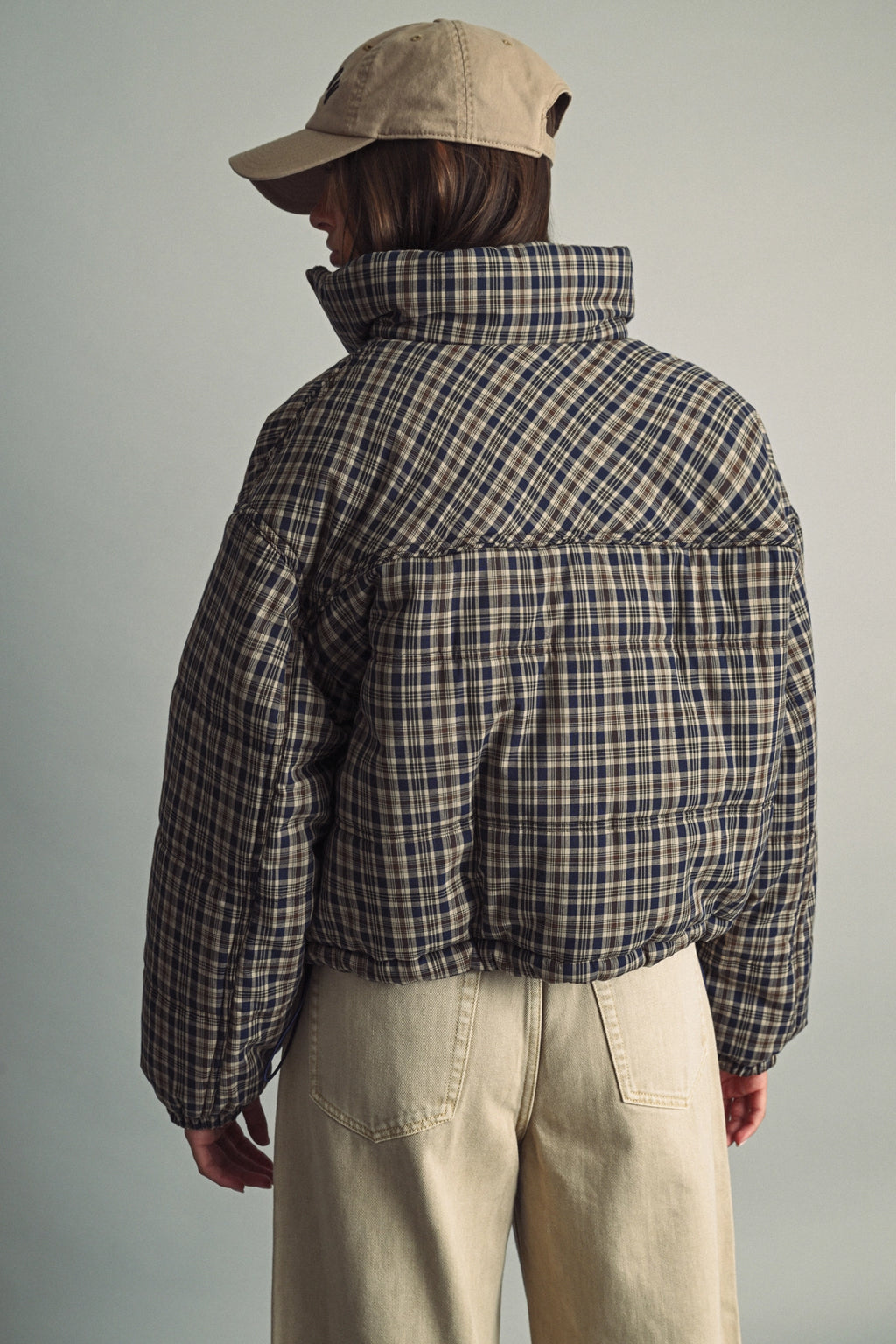 Plaid High-Neck Cropped Puffer Jacket