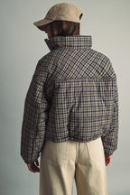 Plaid High-Neck Cropped Puffer Jacket