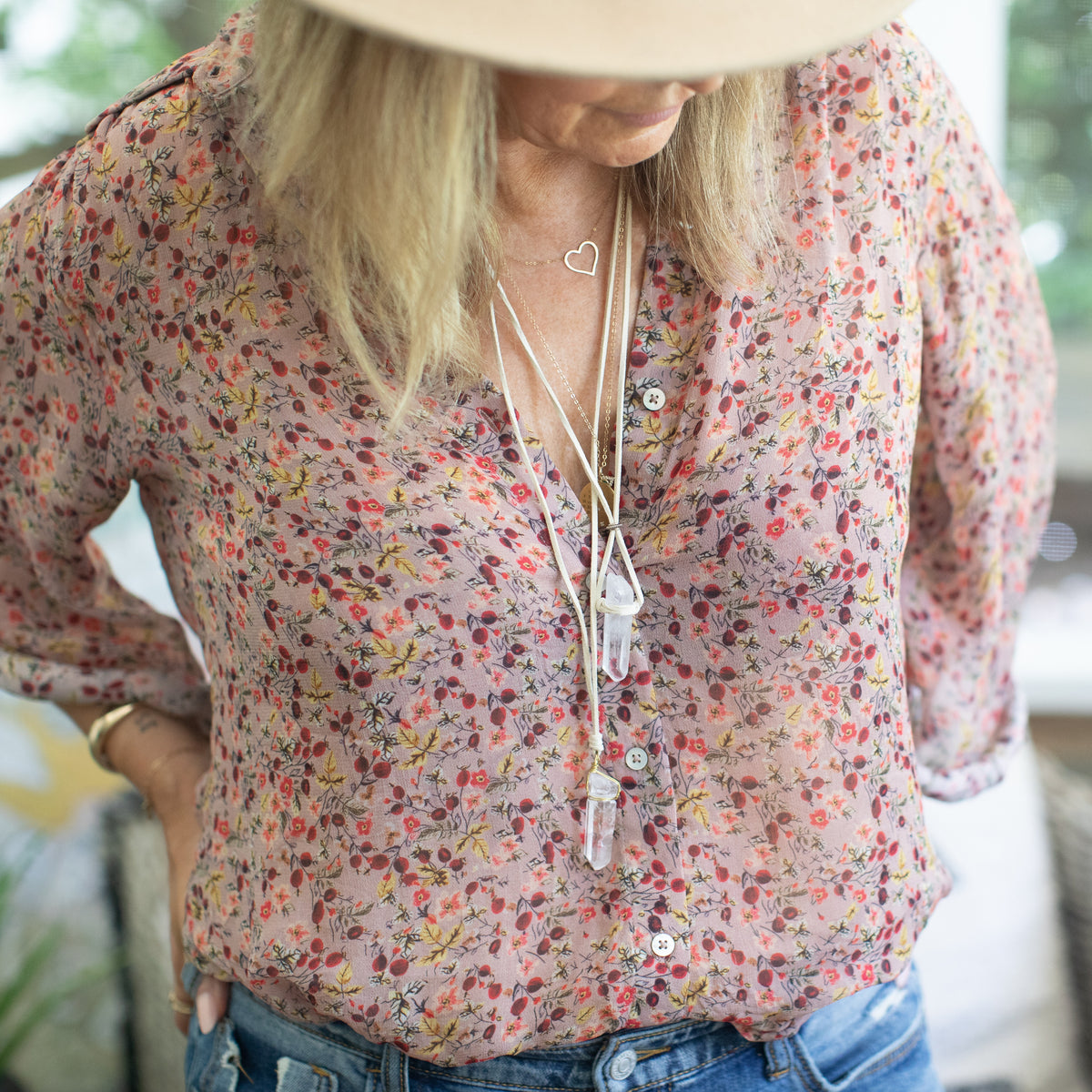 ***Clear Quartz Necklace with Gold Hardware and Grey Suede