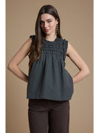 Smocked Ruffle Gingham Sleeveless Top in Grey