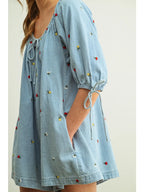 Embroidered Denim Romper with 3/4 Sleeve