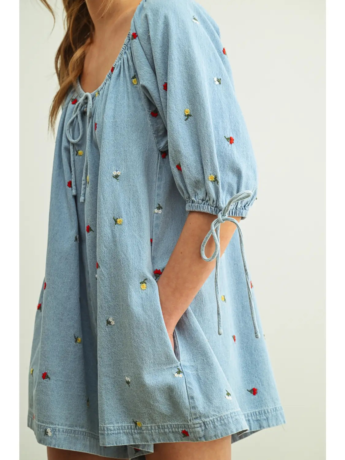 Embroidered Denim Romper with 3/4 Sleeve
