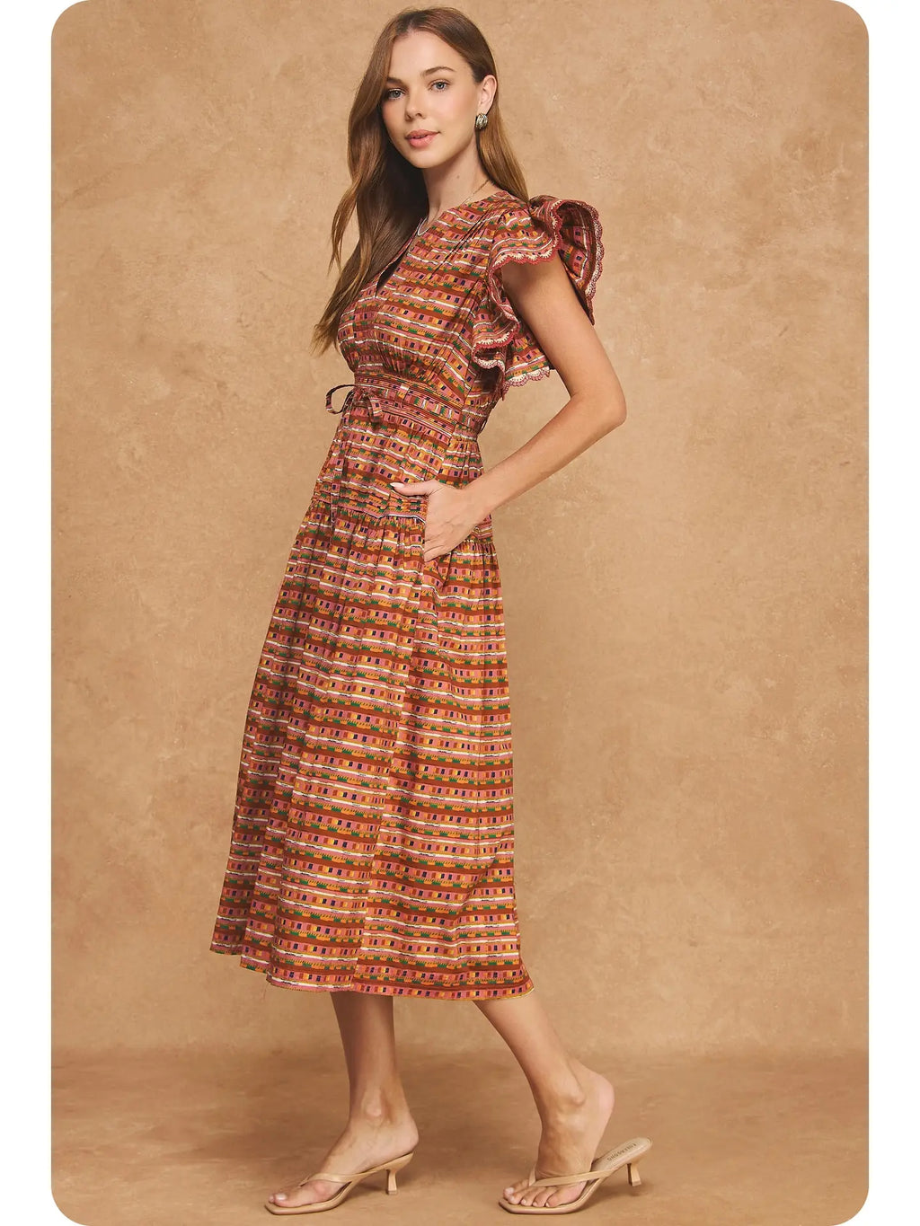 Flutter Sleeve Peplum Printed Midi Dress
