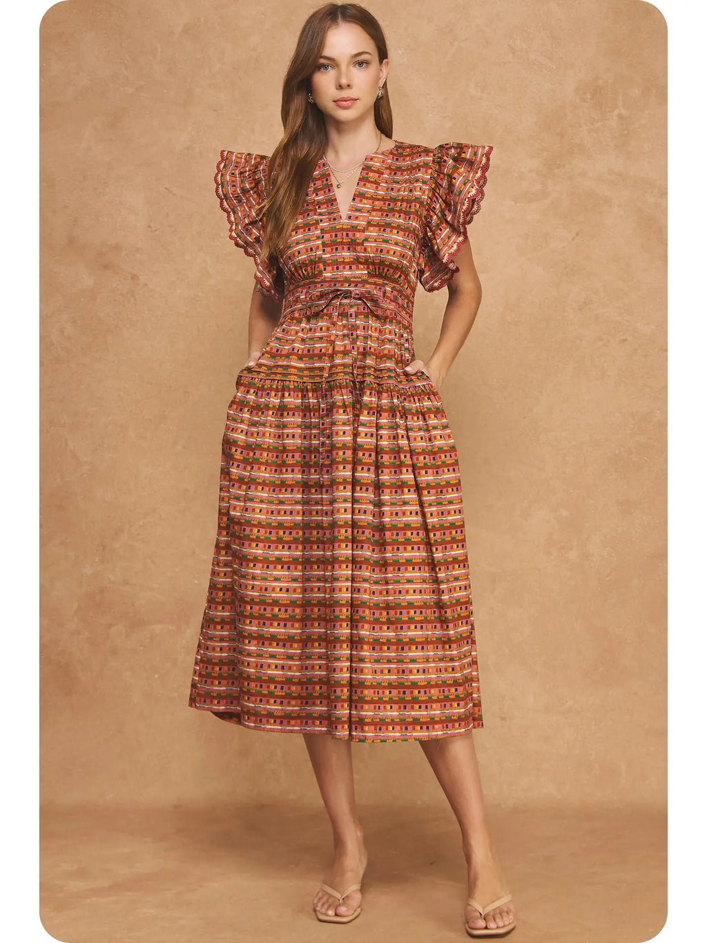 Flutter Sleeve Peplum Printed Midi Dress