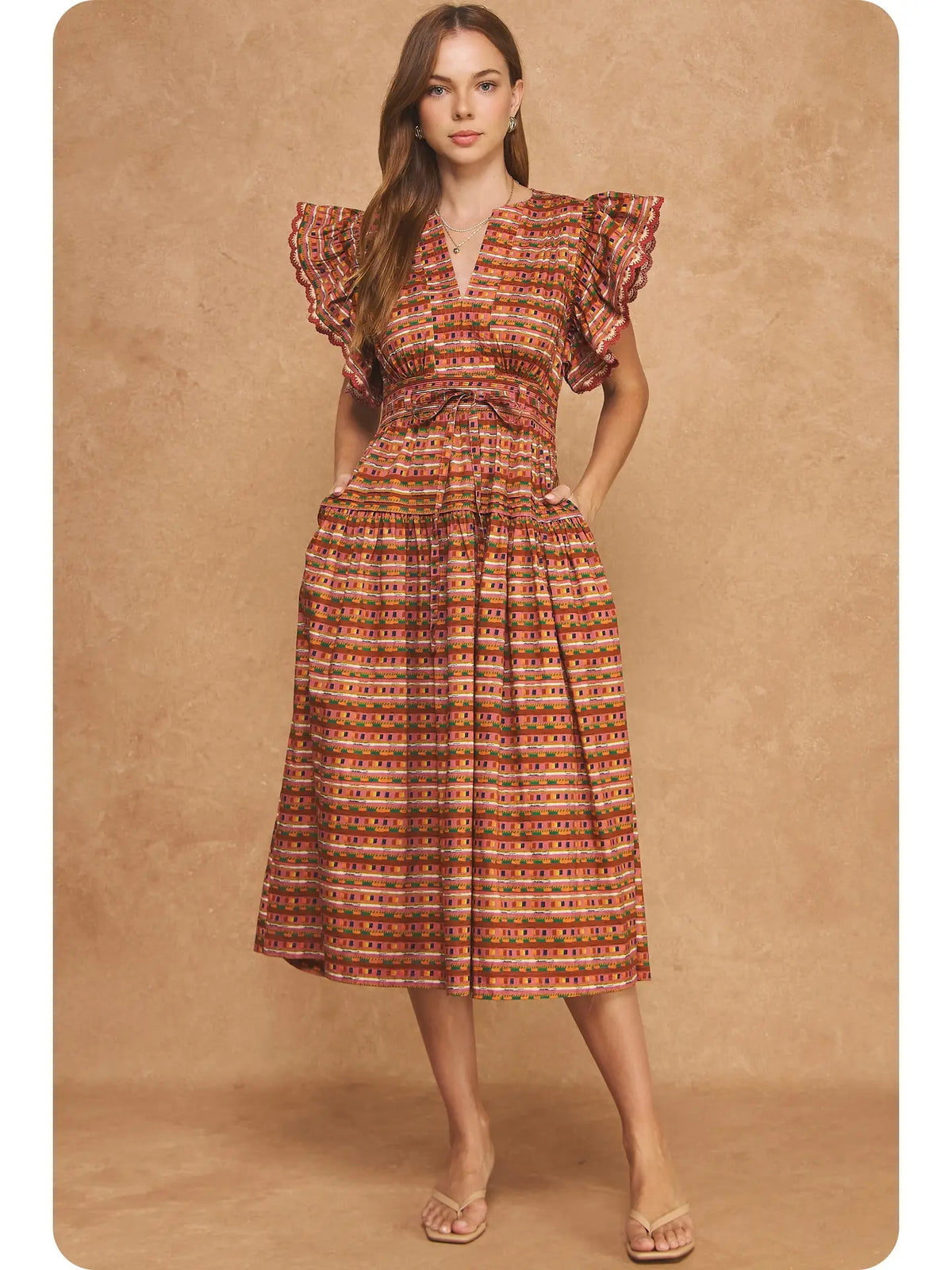 Flutter Sleeve Peplum Printed Midi Dress