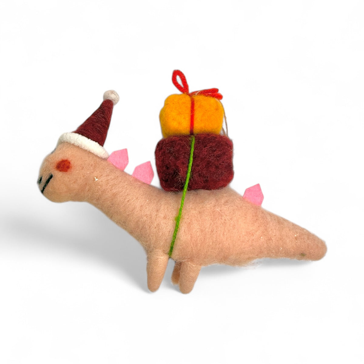Pink dinosaur with Santa hat & presents on back Ornament
