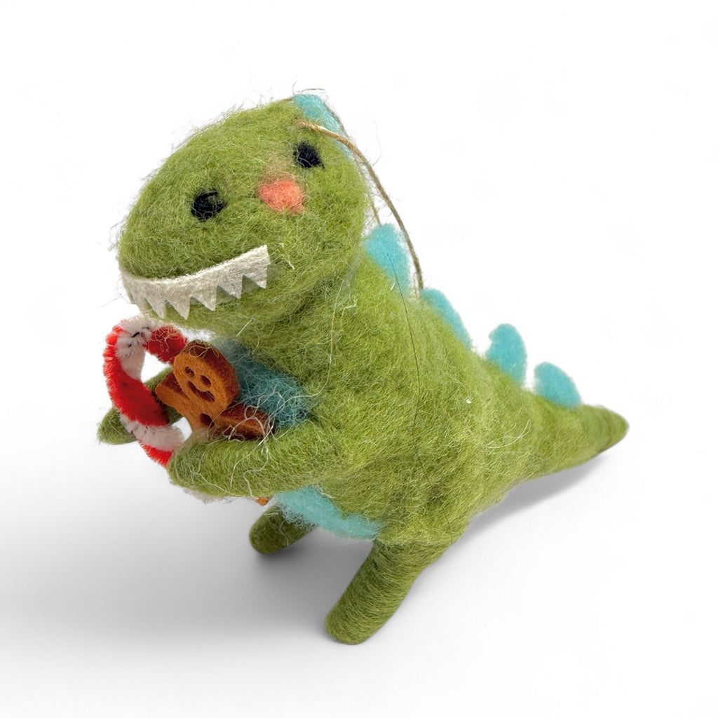 Light Green Dinosaur with Gingerbread Man Ornament