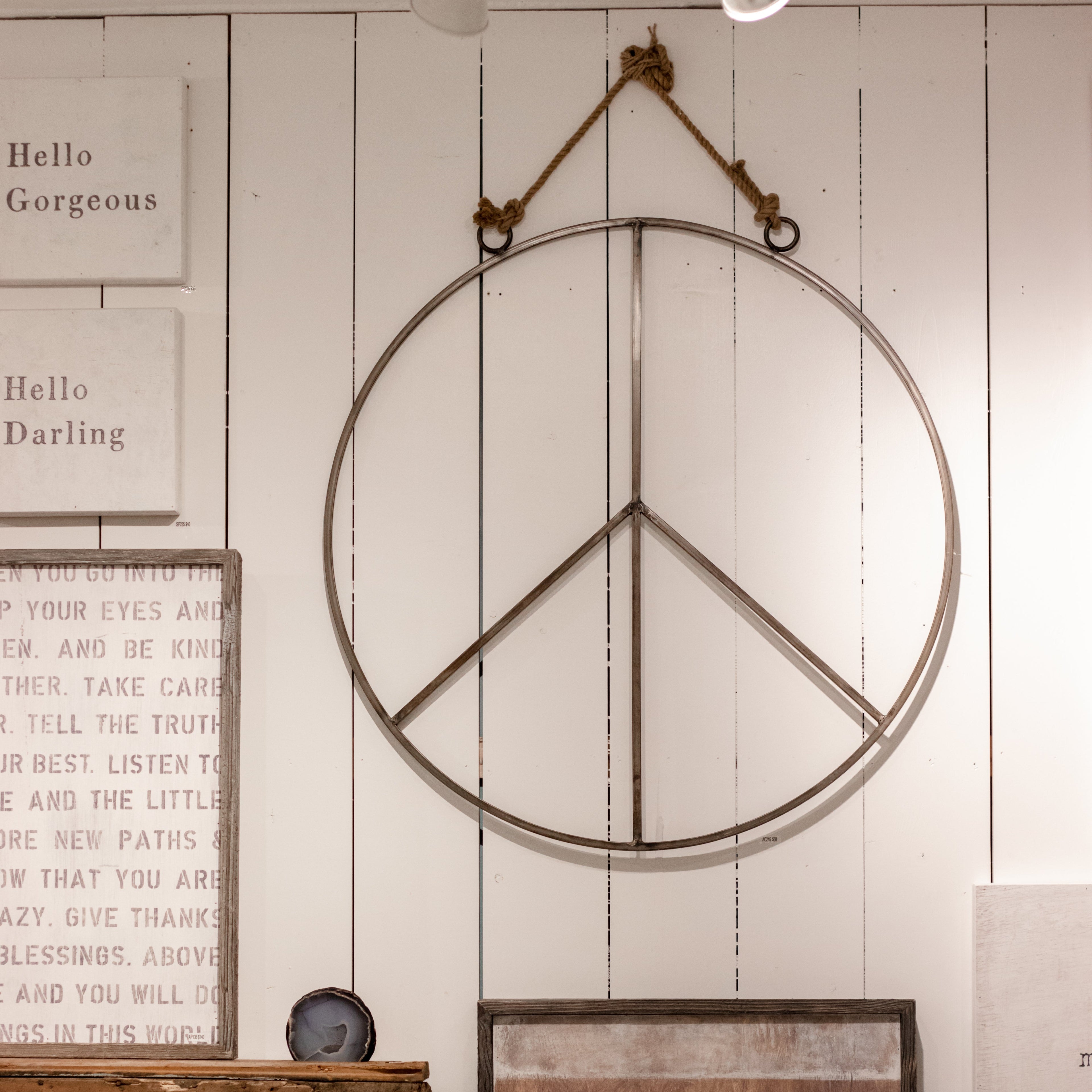 Large Hanging Metal & Jute Peace Sign