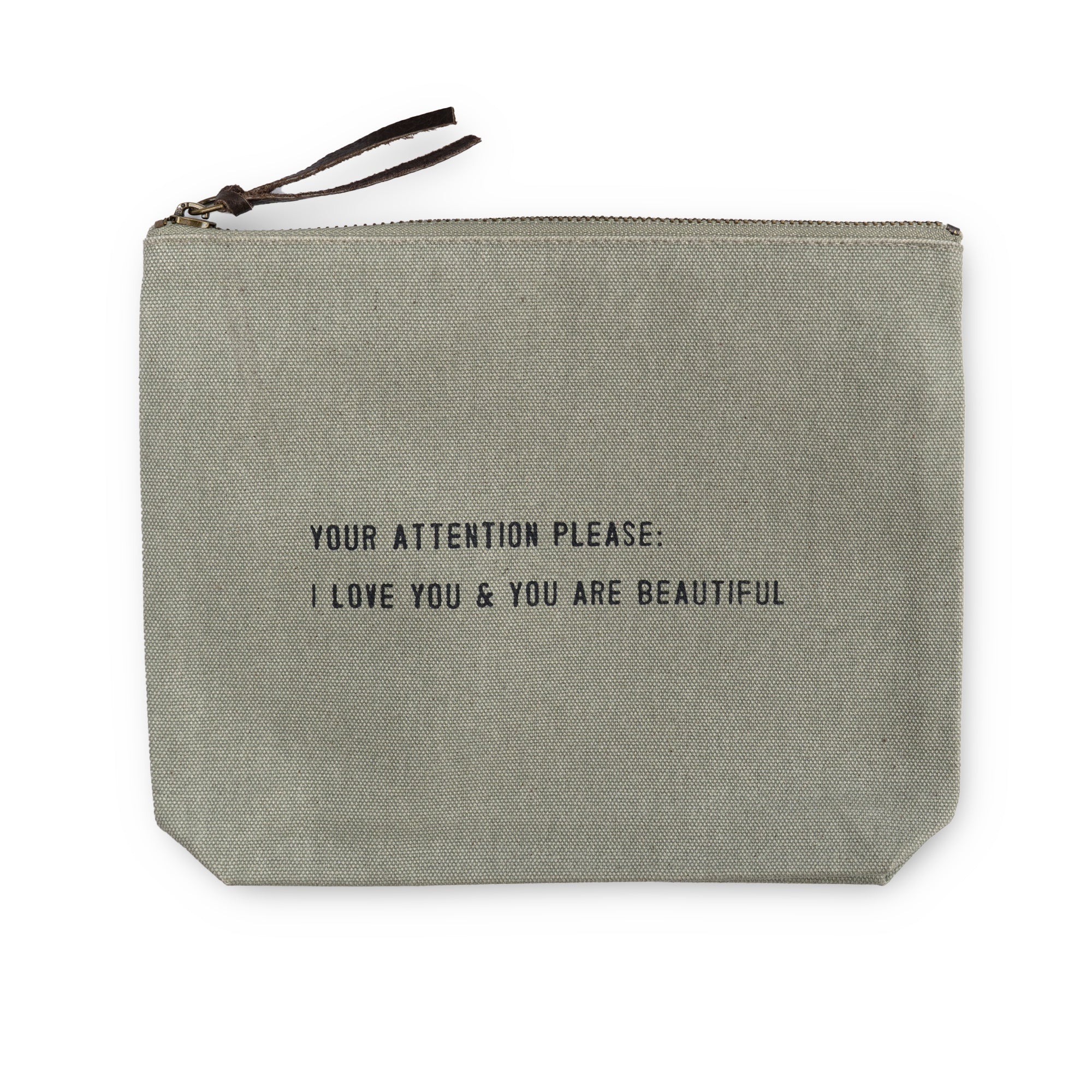 Your Attention Please Canvas Zip Bag- Sage