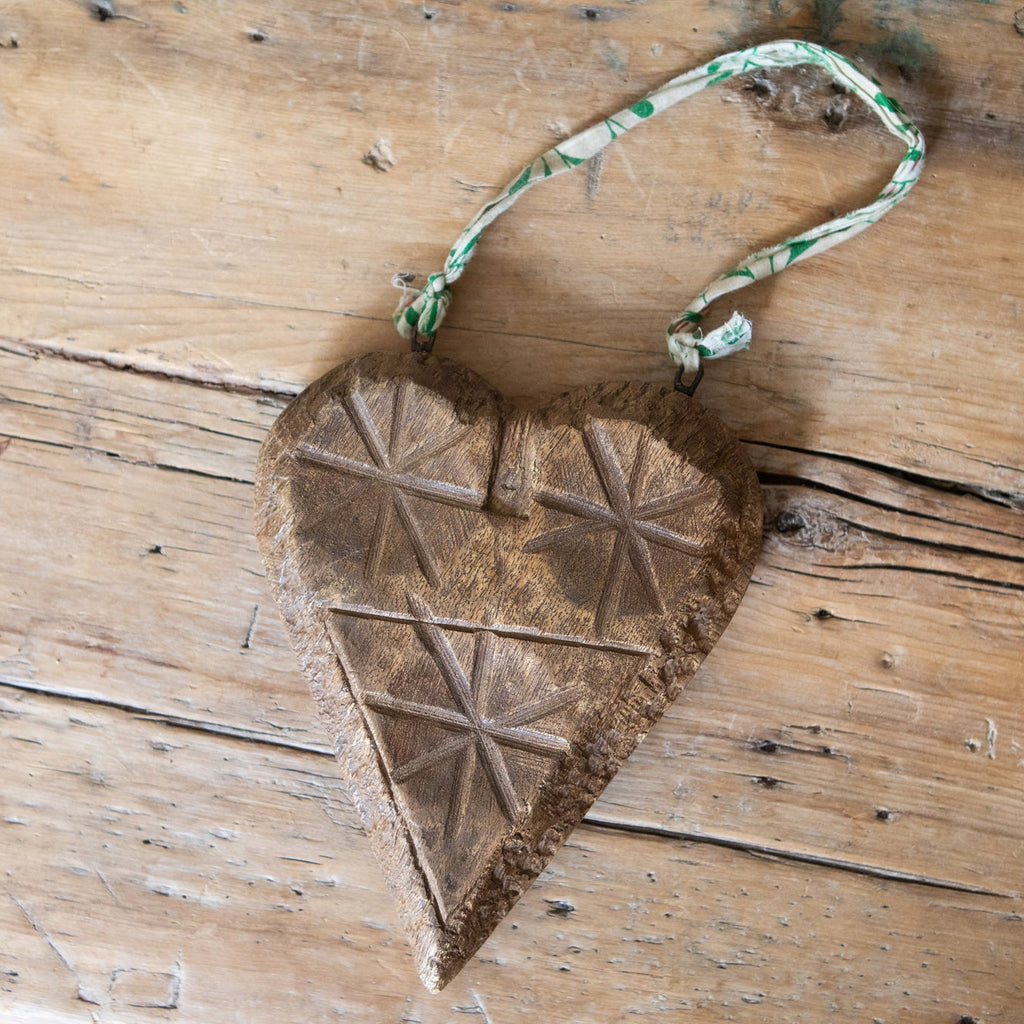 Hanging Carved Wooden Kantha Heart