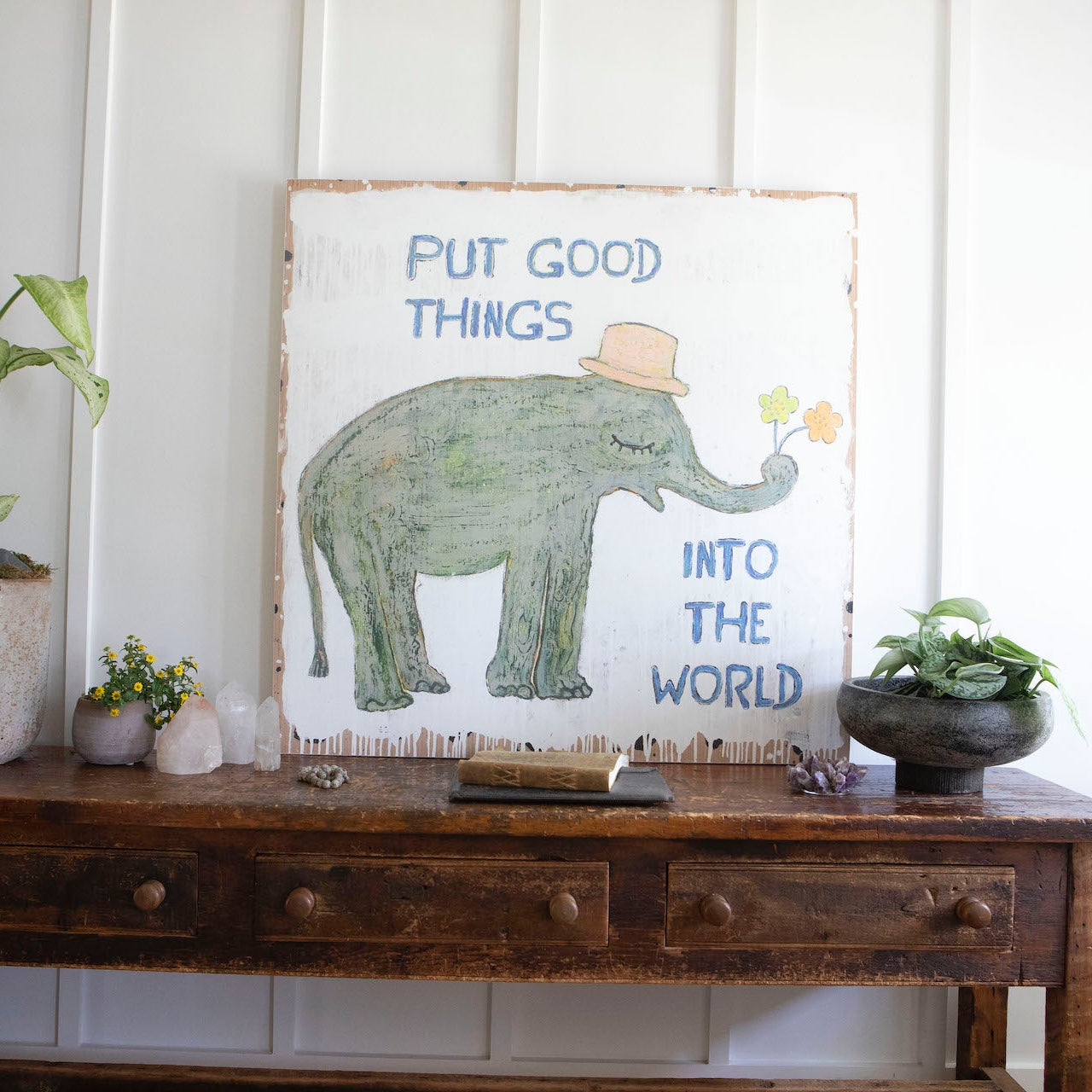 Good Things Elephant  Art Print - Grey Wood