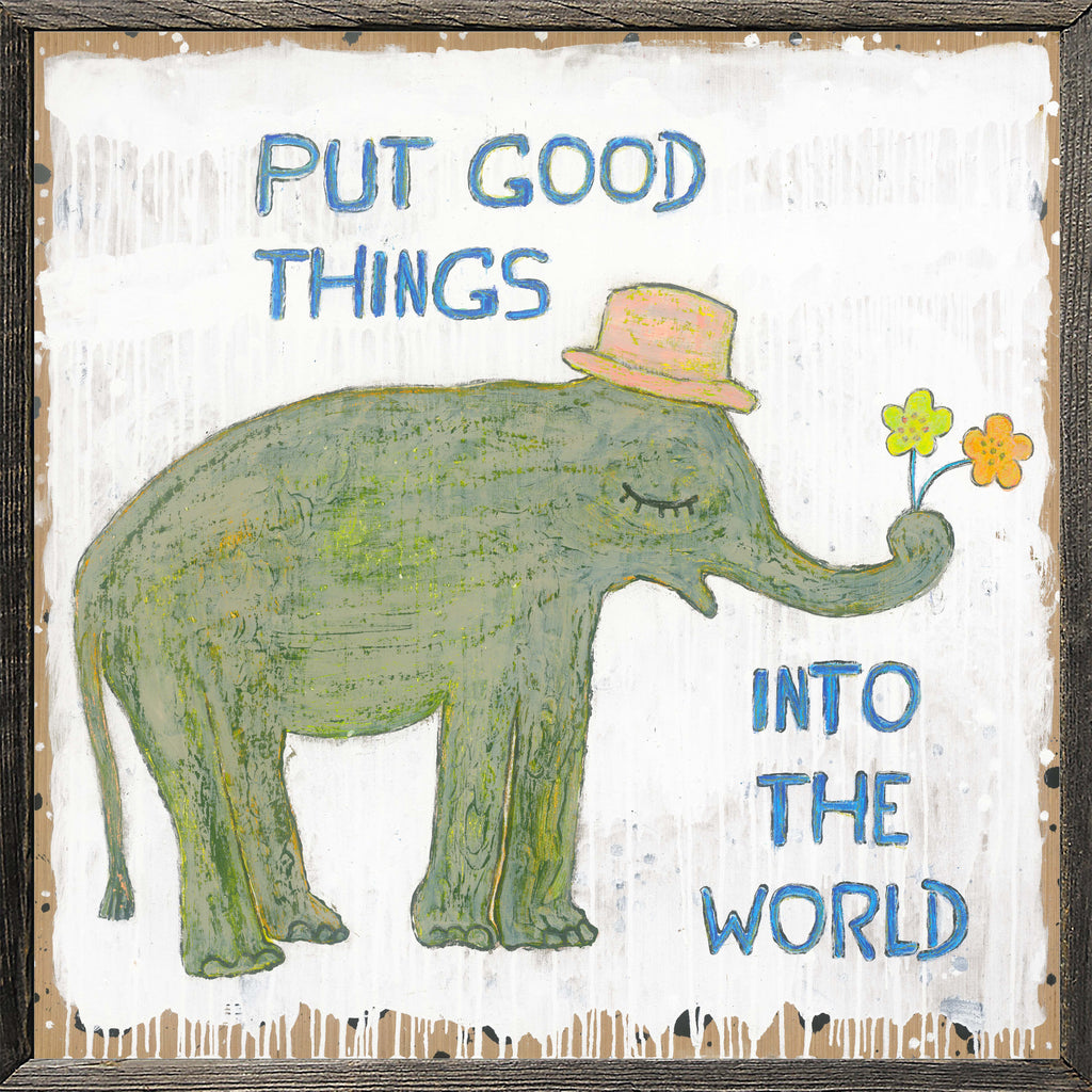Good Things Elephant  Art Print (Grey Wood)
