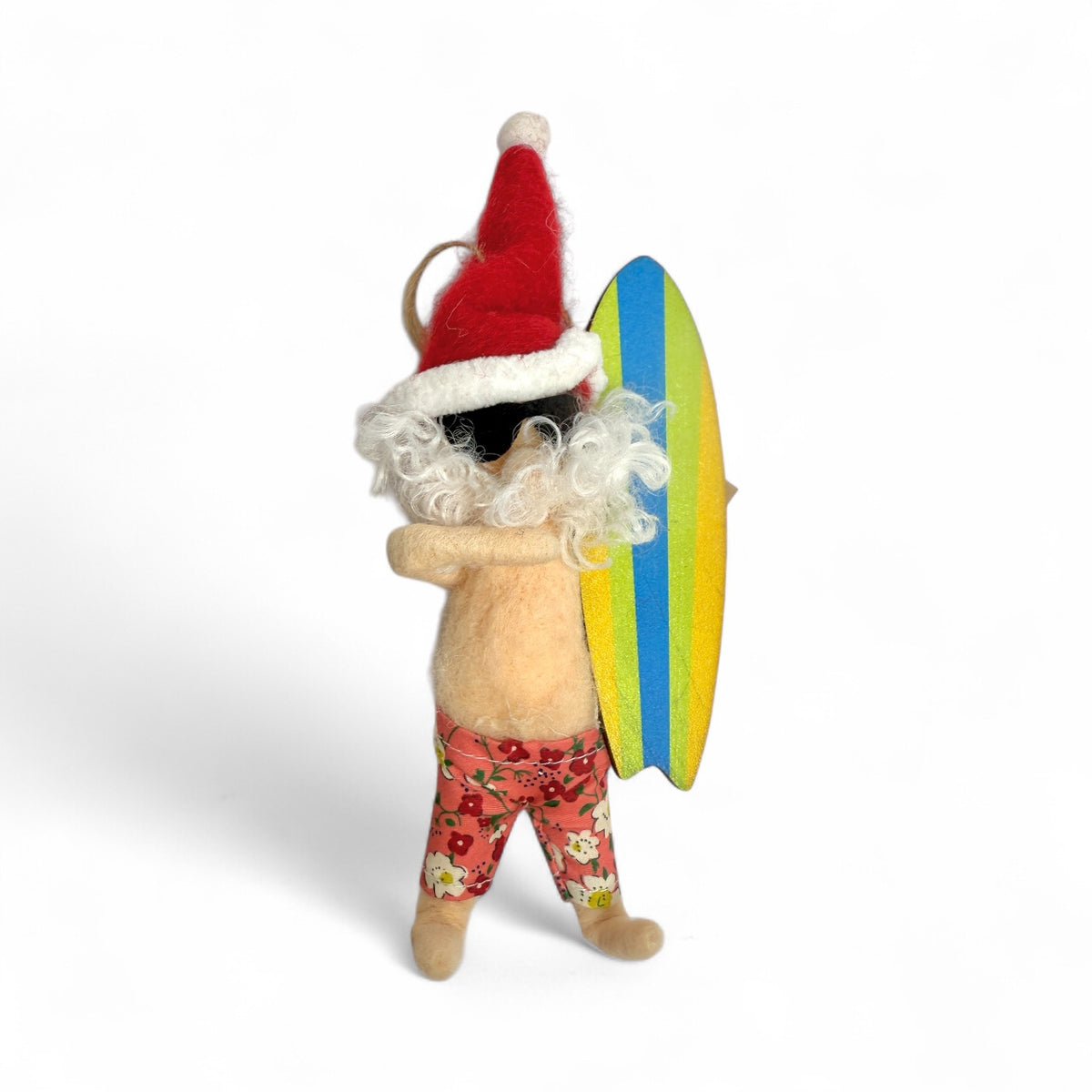 Santa with Floral Outfit Holding Surfboard Ornament