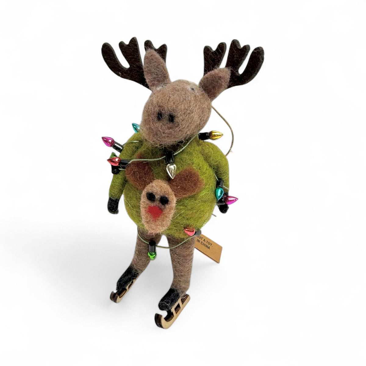 Felt Moose Ornament with Reindeer Sweater and Skates
