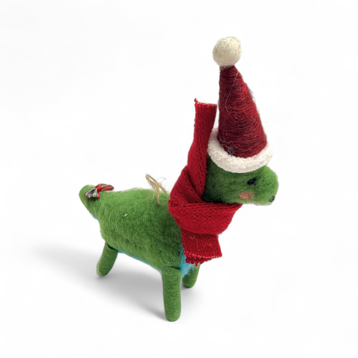 Dark green dinosaur with red scarf & Santa hat Ornament