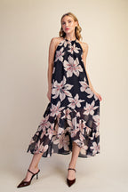 Floral Halter Neck High Low Sleeveless Midi Dress
