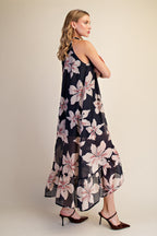Floral Halter Neck High Low Sleeveless Midi Dress