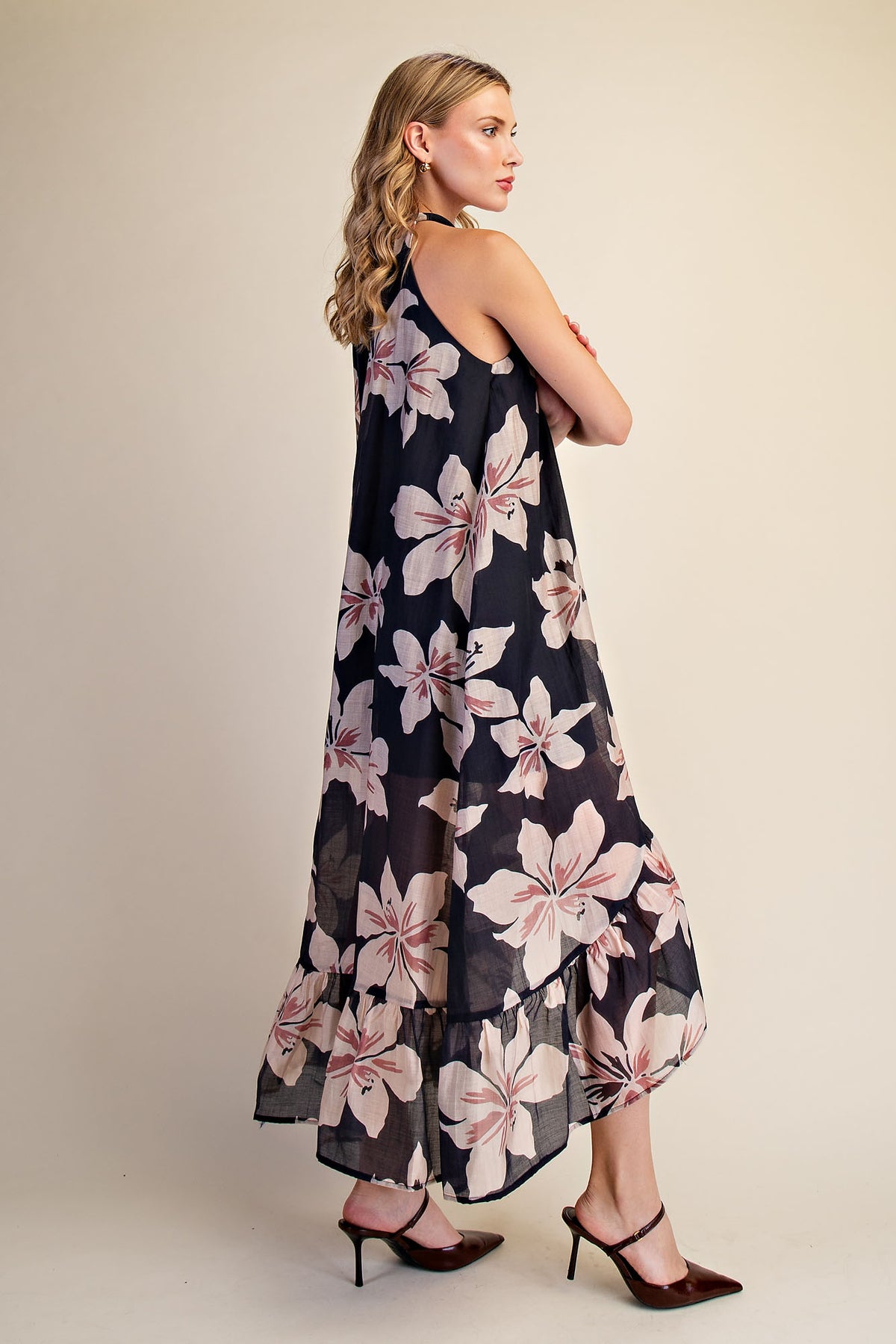 Floral Halter Neck High Low Sleeveless Midi Dress