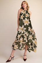 Floral Halter Neck High Low Sleeveless Midi Dress