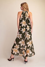 Floral Halter Neck High Low Sleeveless Midi Dress
