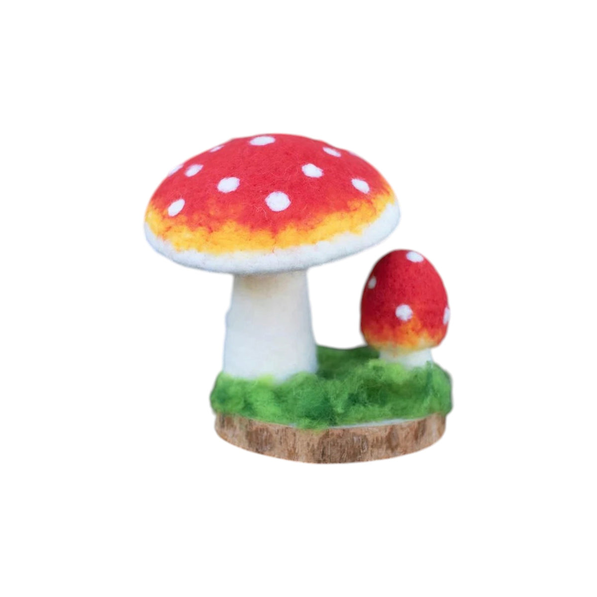 Felt Mushrooms on Wooden Base