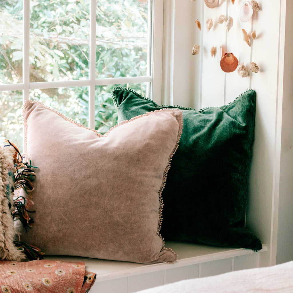 Blush Velvet Pillow With Poms 22x22
