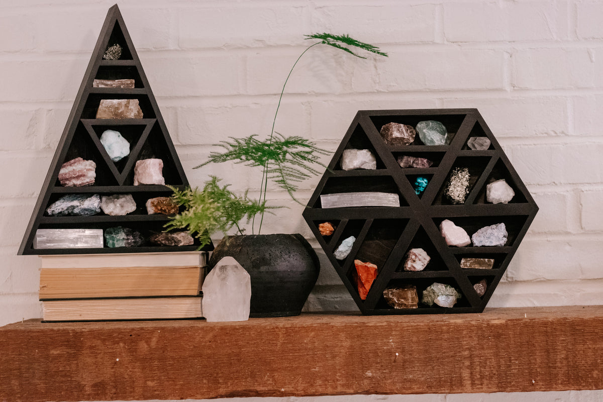 ***Wooden Triangle Shelf with Crystals - 15" x 12" x 2"