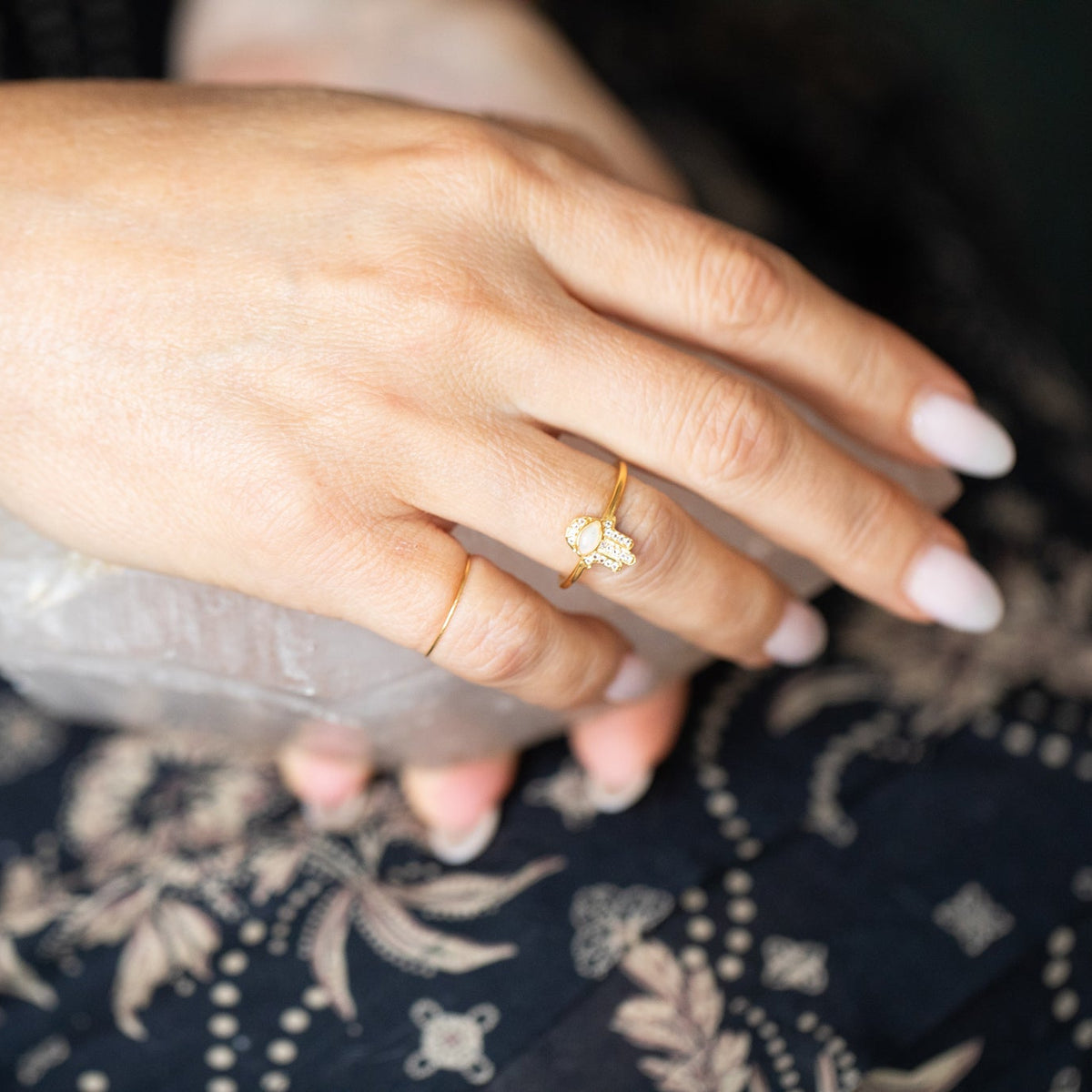 ***Opal and White Topaz Hamsa Hand Ring adjustable